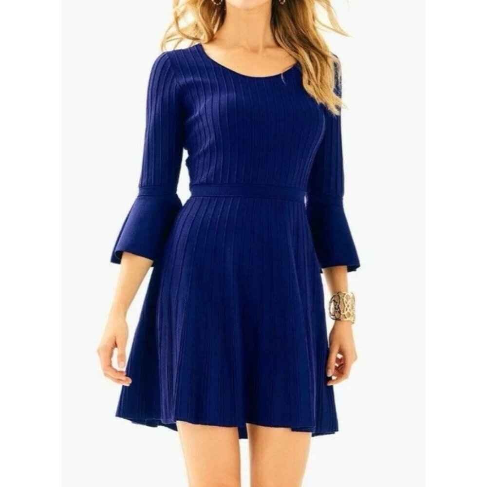 Lilly Pulitzer Brandi High Tide Dress S Small Blue Stretch 3/4 Sleeve $198